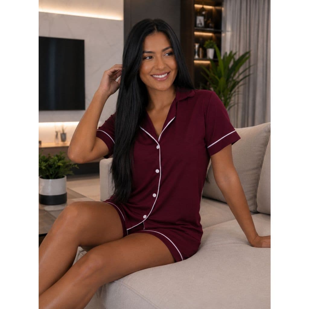 Pijama Feminino Americano com Botão Manga Curta com Gola e Short Brenda