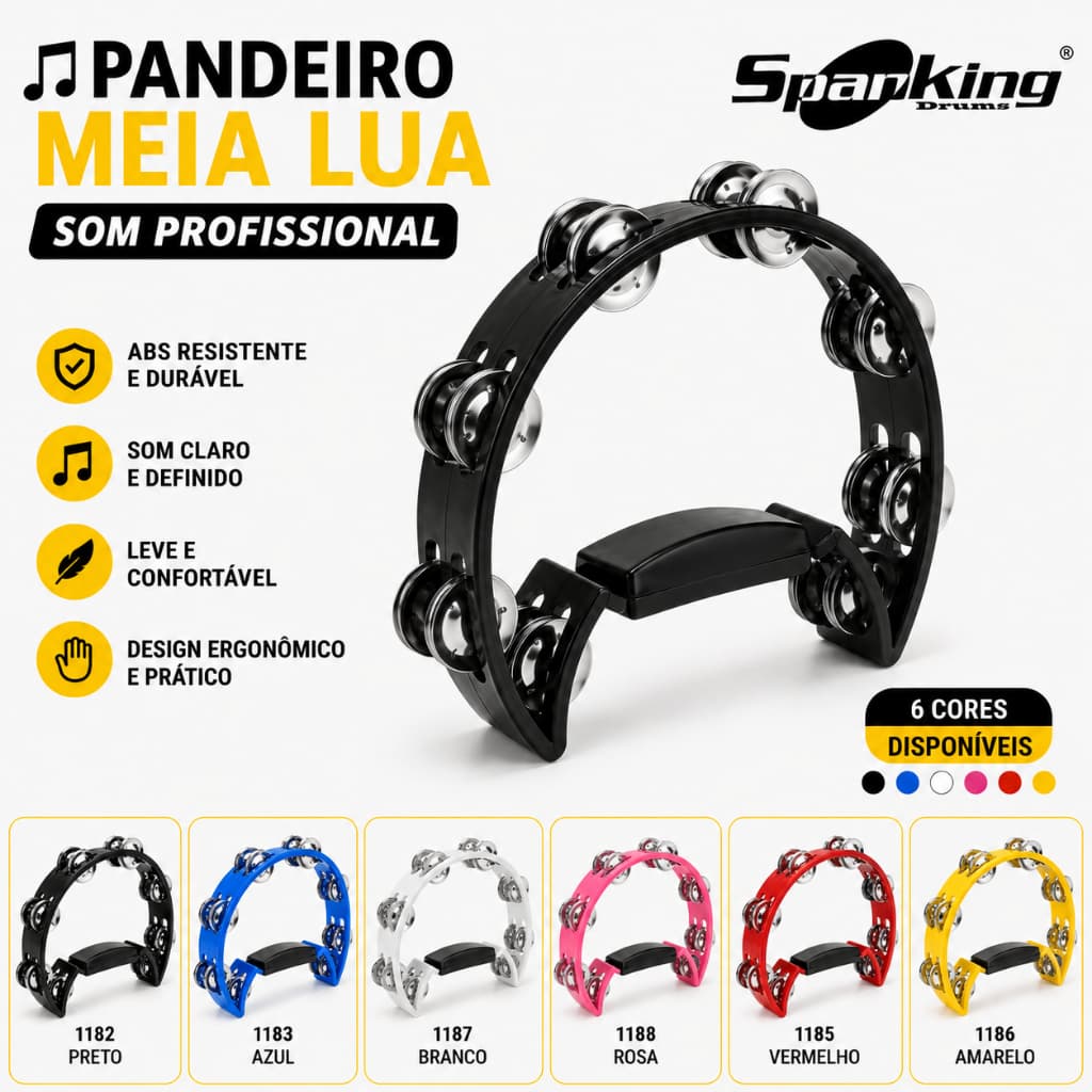 Pandeiro Meia Lua Spanking ABS Profissional Som Forte Leve Resistente Percussão Samba Pagode Diversas Cores