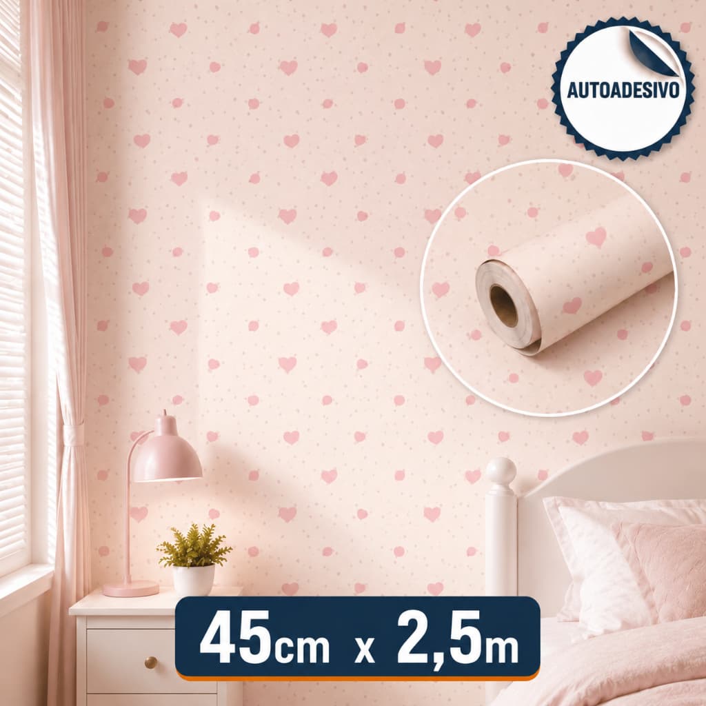 Papel de Parede Adesivo Corações Rosa 2,5m Infantil Quarto Bebê Menina Decoração