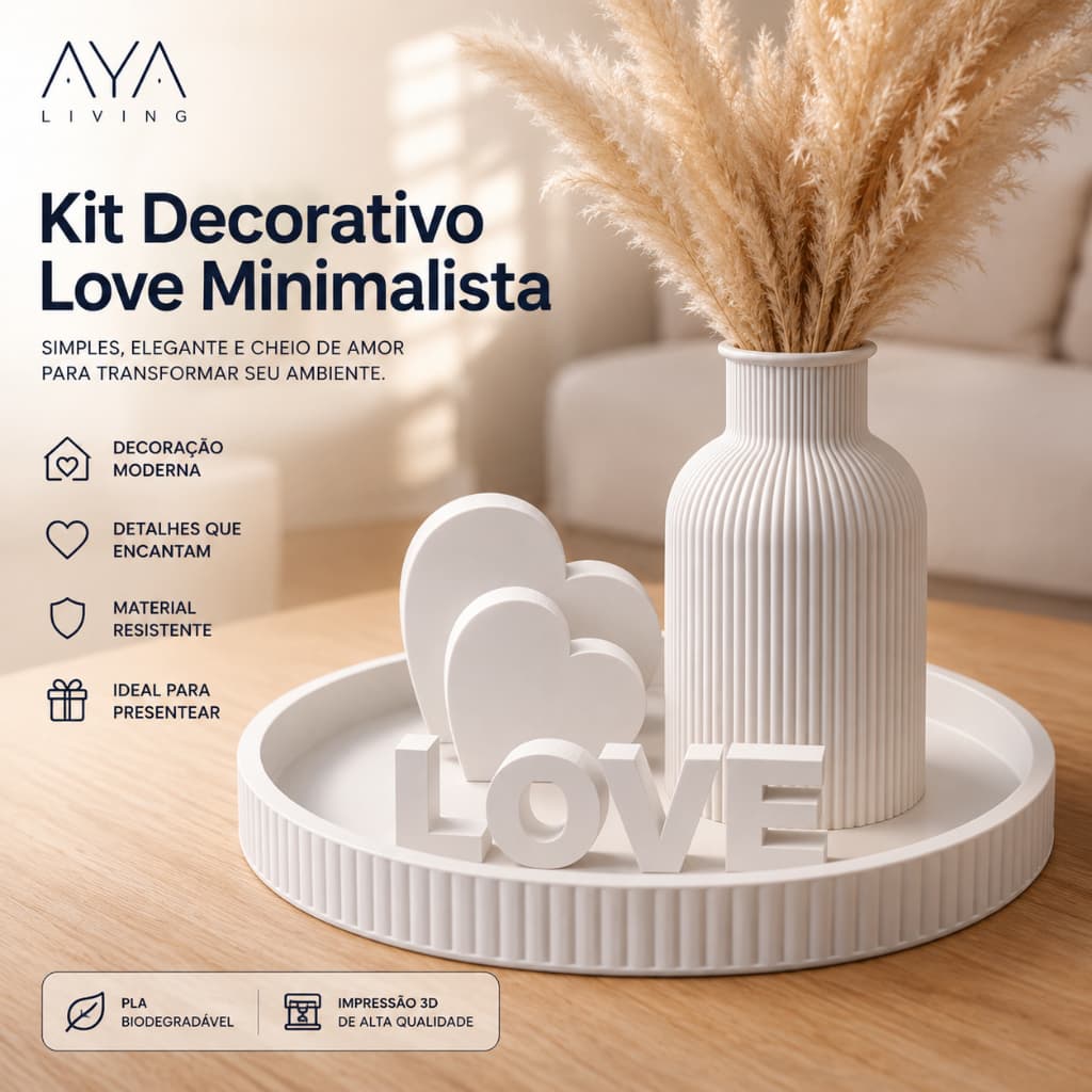 Kit Decorativo Love Minimalista com Vaso, Bandeja e Corações | Decoração Moderna