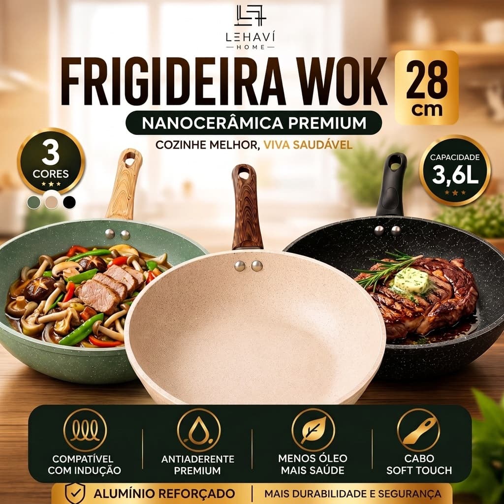 Frigideira Wok Nanocerâmica 28cm 3,6L Antiaderente Lehavi Todos os Fogões
