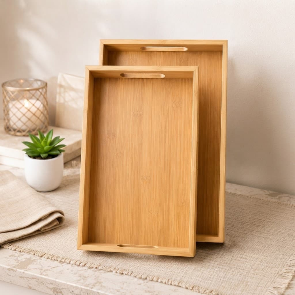 Kit 2 Bandejas de Bambu Retangulares com Alças Laterais para Servir Café Decoração