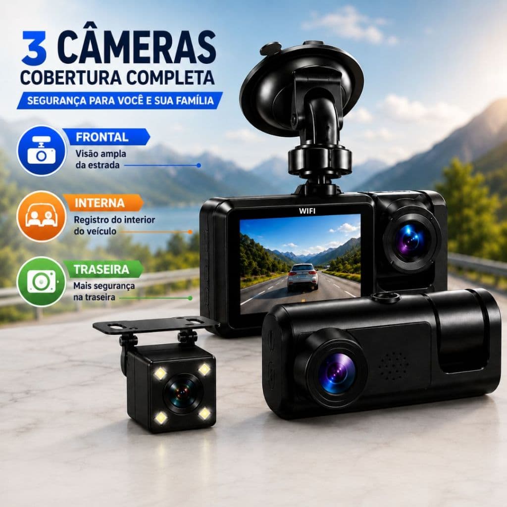 Câmera Veicular DVR 3 Câmeras WiFi Super HD 1296P Dash Cam Frontal Interna Traseira Sensor G Viidure