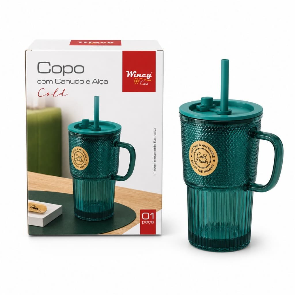 Copo Com Canudo De Vidro Cold 420ml Verde