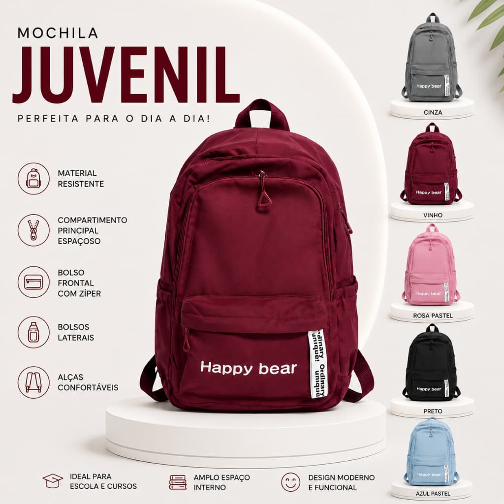 Mochila Escolar Juvenil Happy Bear Resistente com Compartimento Espaçoso