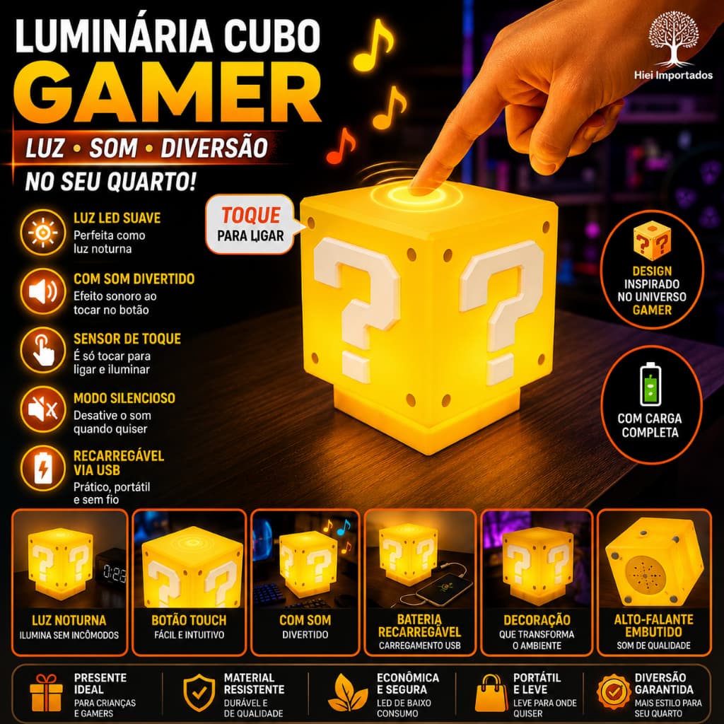 Bloco Gamer com Som LED Recarregável USB Luz Noturna para Quarto Cubo