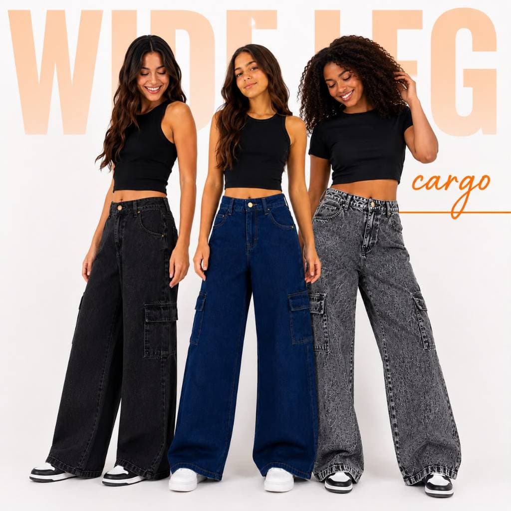 Calça Cargo Jeans Infantil e Juvenil Feminina Wide Leg Premium Jeans com Regulador grafite marmorizado e azul
