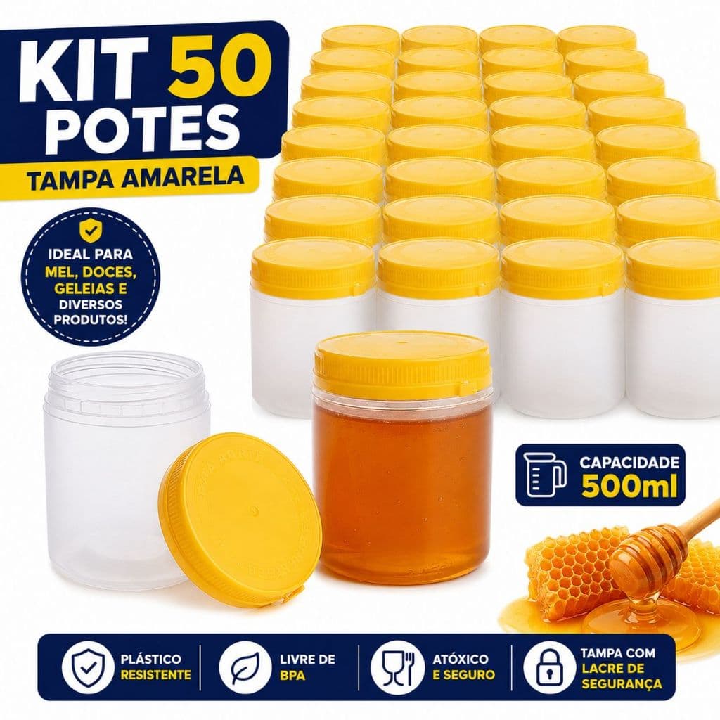 50 Potes para Mel 1kg com Tampa Amarela Plástica Transparente para Mel