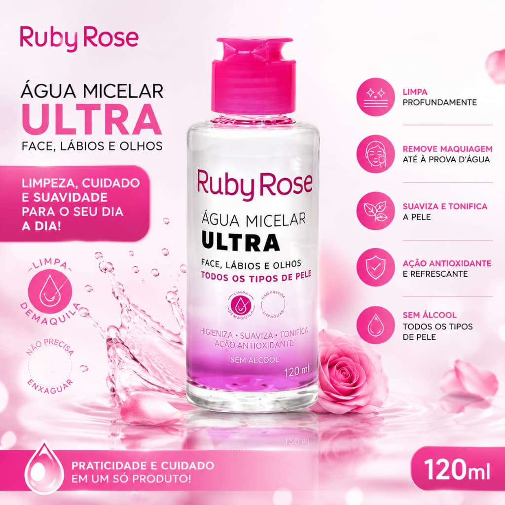 Água Micelar Ultra Ruby Rose 120ml Demaquilante Facial Sem Enxágue Limpeza Profunda