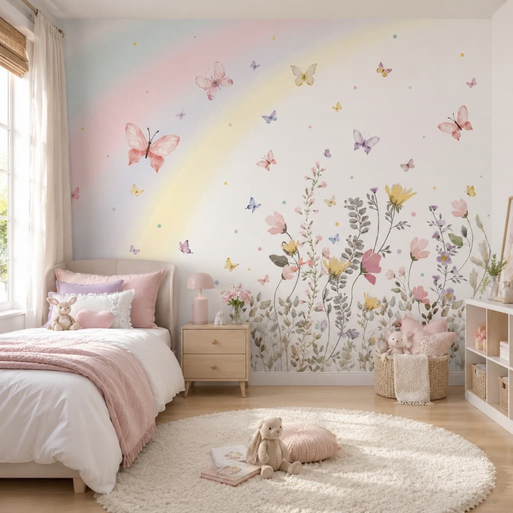 Papel De Parede Adesivo Infantil Arco Iris Borboleta Grande Menina
