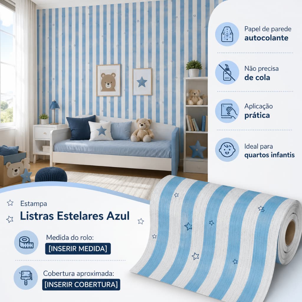 Papel de Parede Adesivo Infantil Menino listras e estrelas - Para Quarto - Autocolante Facil de Aplicar