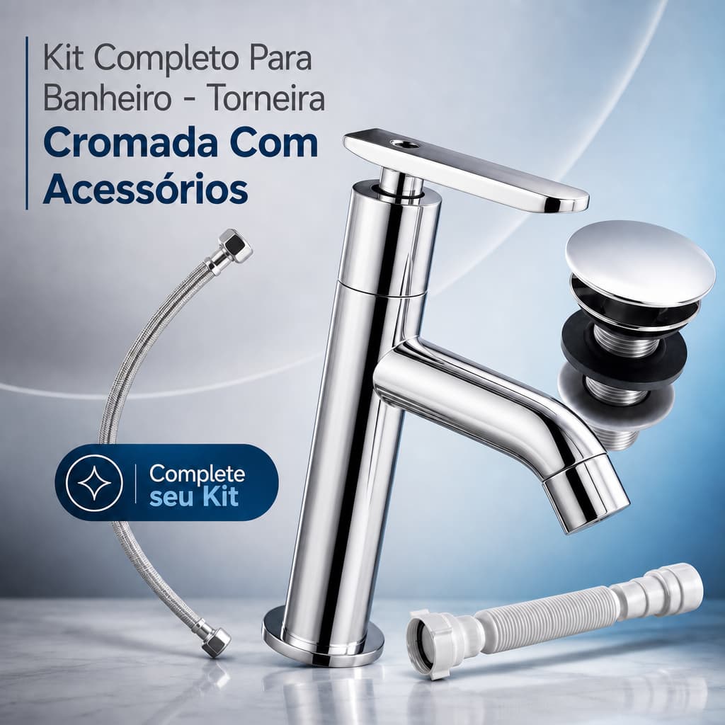 Kit Completo Banheiro Torneira Cromada Abs Alta + Valvula Click + Sifao + Engate Inox Premium