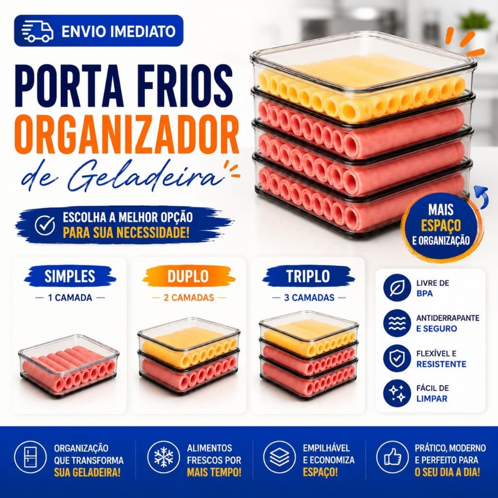 Porta Frios Com Tampa Duplo Organizador Geladeira Acrílico Hermético Pote Empilhável Presunto