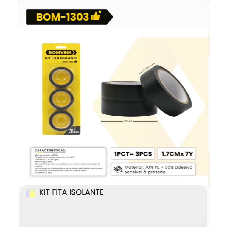 Kit 3 Fita Isolante Antichama preta 5m imperial 1.7 X 500 mm BOM-1303