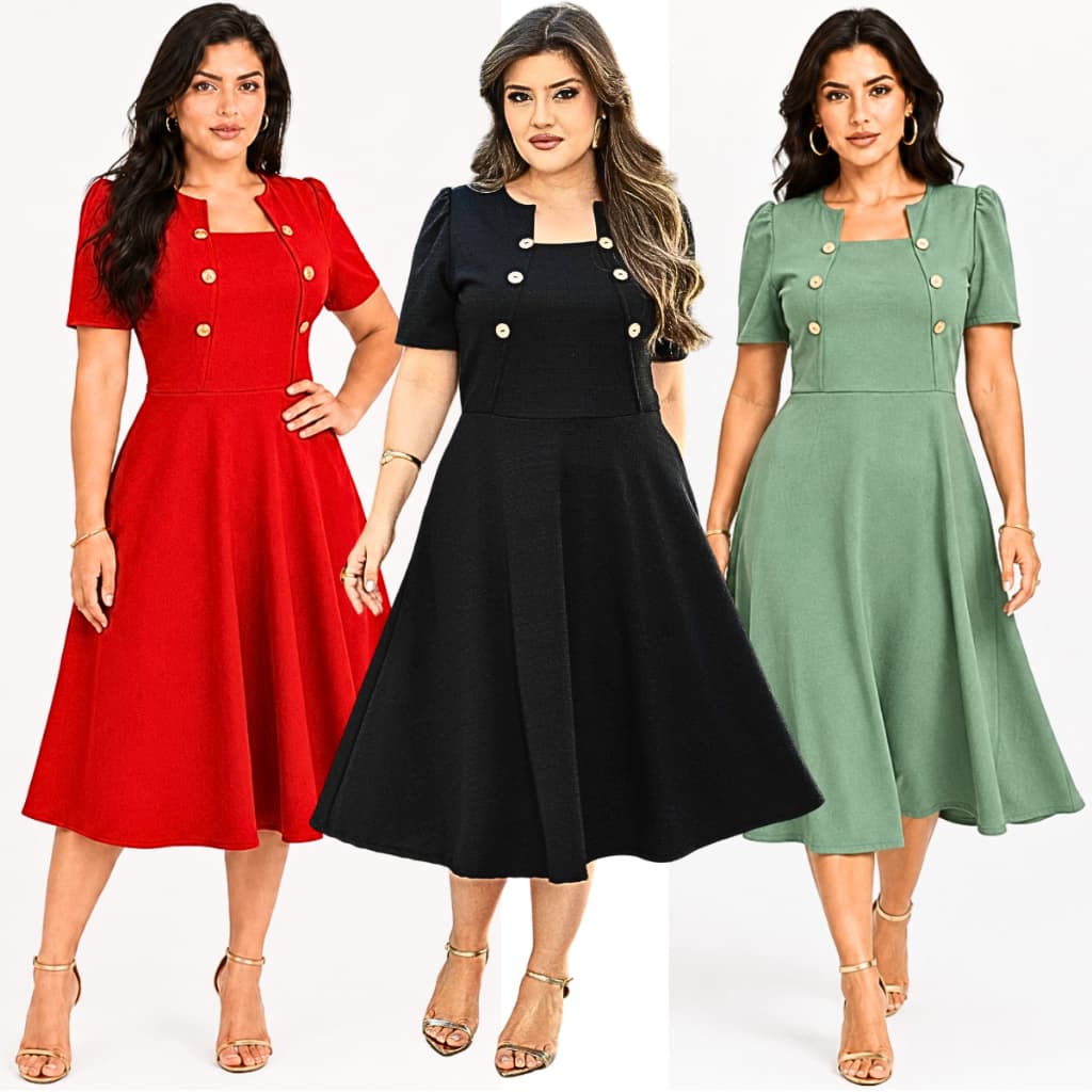 Vestido Midi Feminino Linho Premium Evangelico Elegante Godê Rodado Manga Curta com Botões