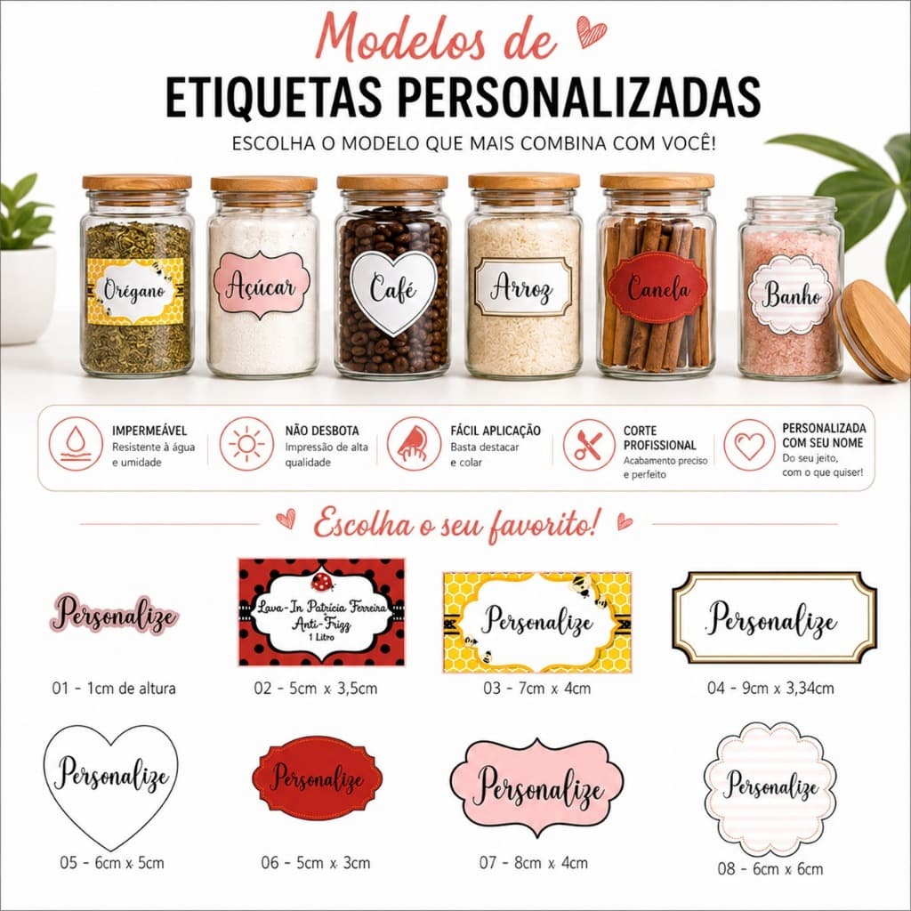Etiquetas Personalizadas em Vinil Impermeável para Temperos, Mantimentos, Potes, Cozinha, Produtos Artesanais, Cosmético