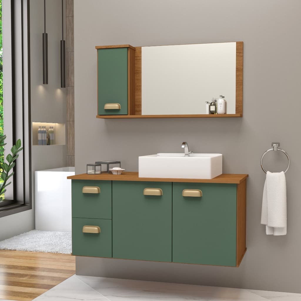 Conjunto Gabinete Banheiro Lisboa MDF 80cm Com Cuba e Espelheira