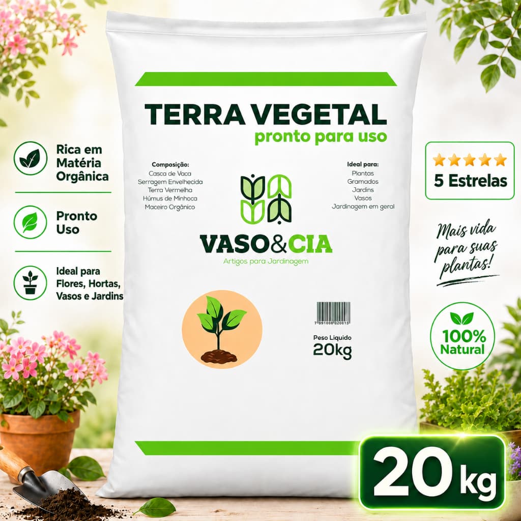 Terra Vegetal 20kg Adubada Orgânica Pronta para Plantio em Vasos, Hortas, Flores e Jardins