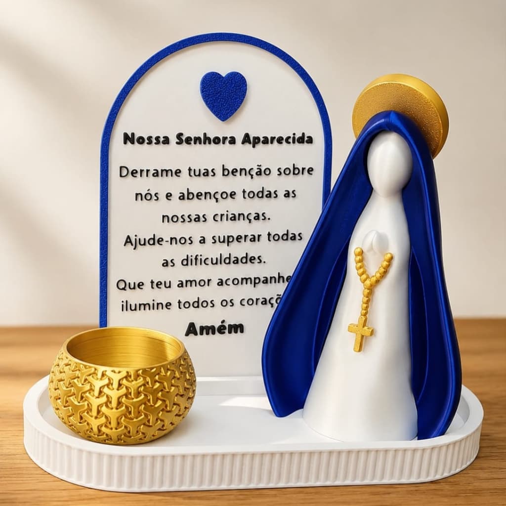 Kit Porta-Velas Decorativo Nossa Senhora Aparecida com Oração