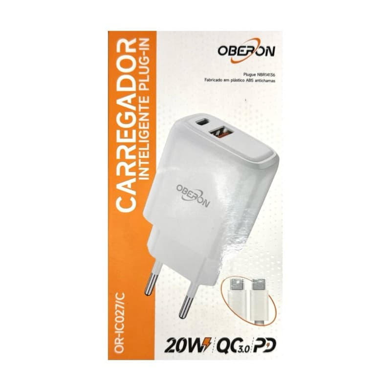 Carregador Inteligente Plug-In USB e USB-C 20W OBERON