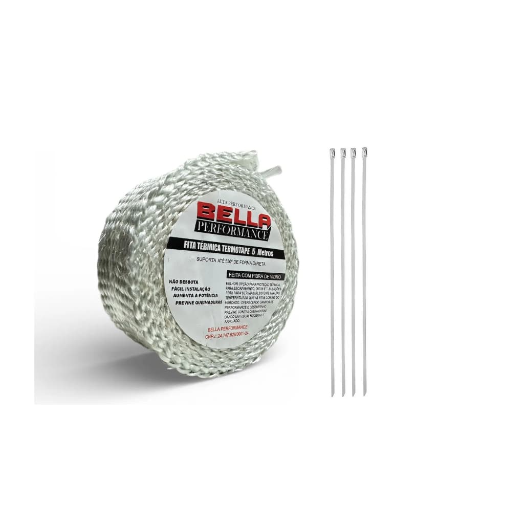 Fita Manta Termica Termotape Branca 5 Metros + 4 Abraçadeiras Para Escapamento Carro Moto Coletor e Ar condicionado