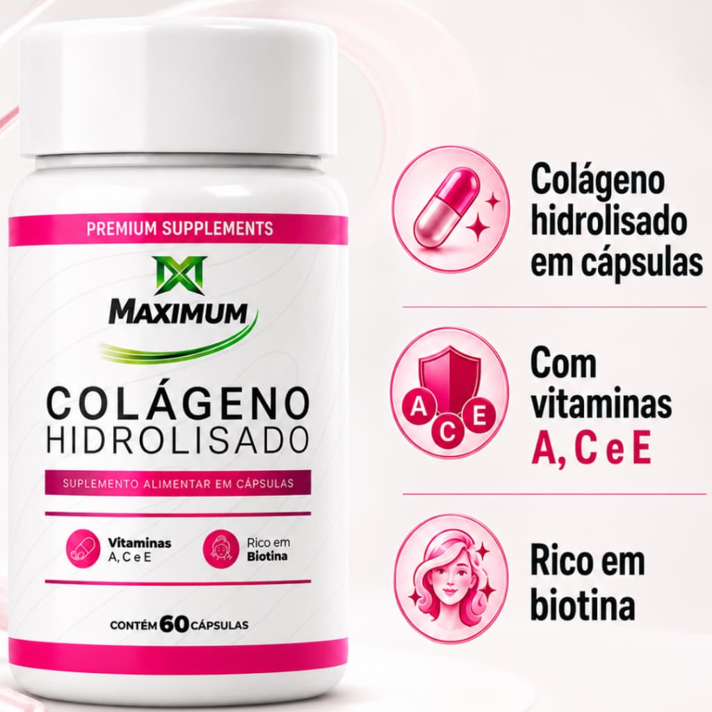Colágeno Hidrolisado Maximum 60 Cápsulas | Com Vitaminas A, C, E e Biotina | Suplemento Alimentar
