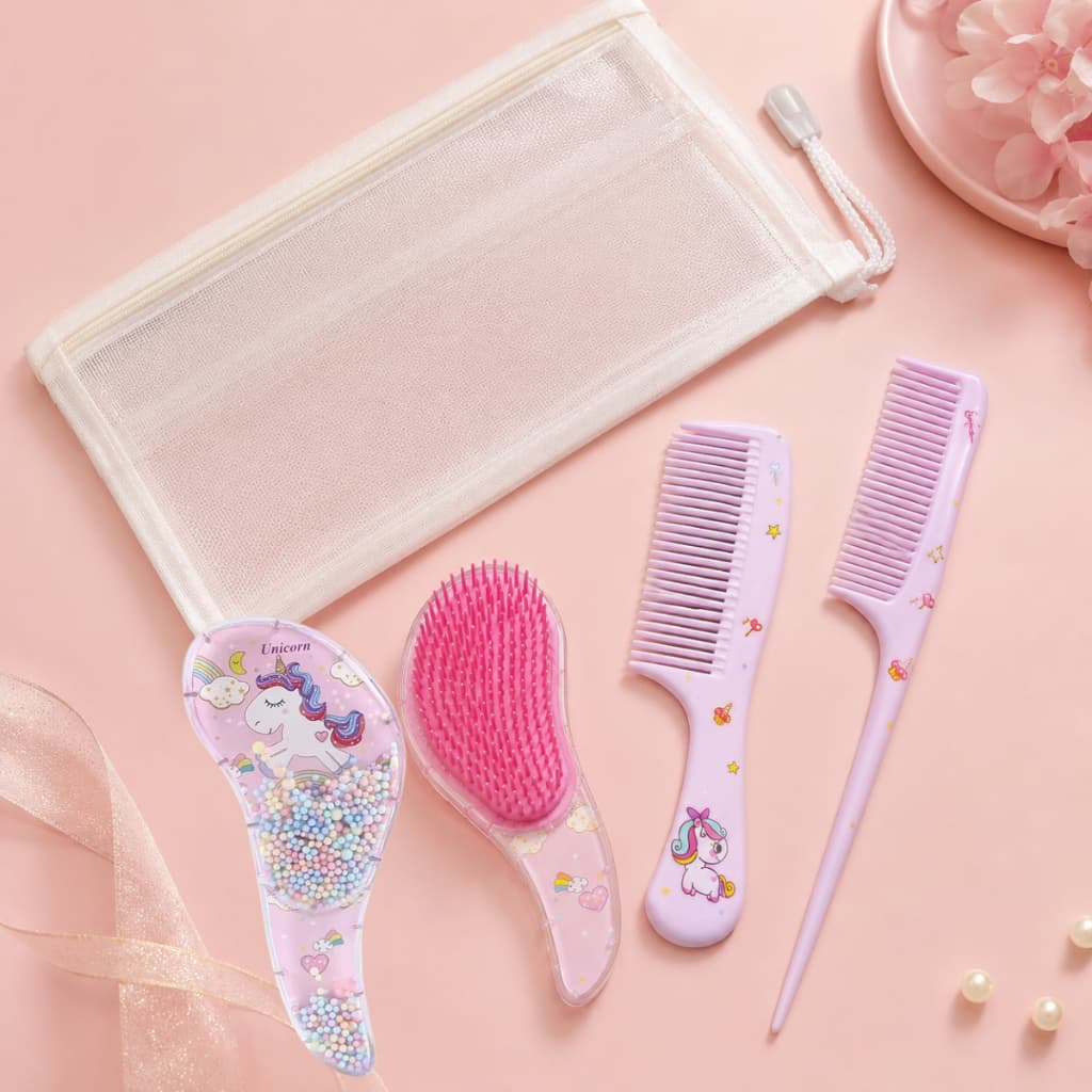 Kit Infantil Unicórnio Rosa Mini Escova Cerdas Macias + 2 Pentes + Estojo Multiuso Nylon Com Ziper