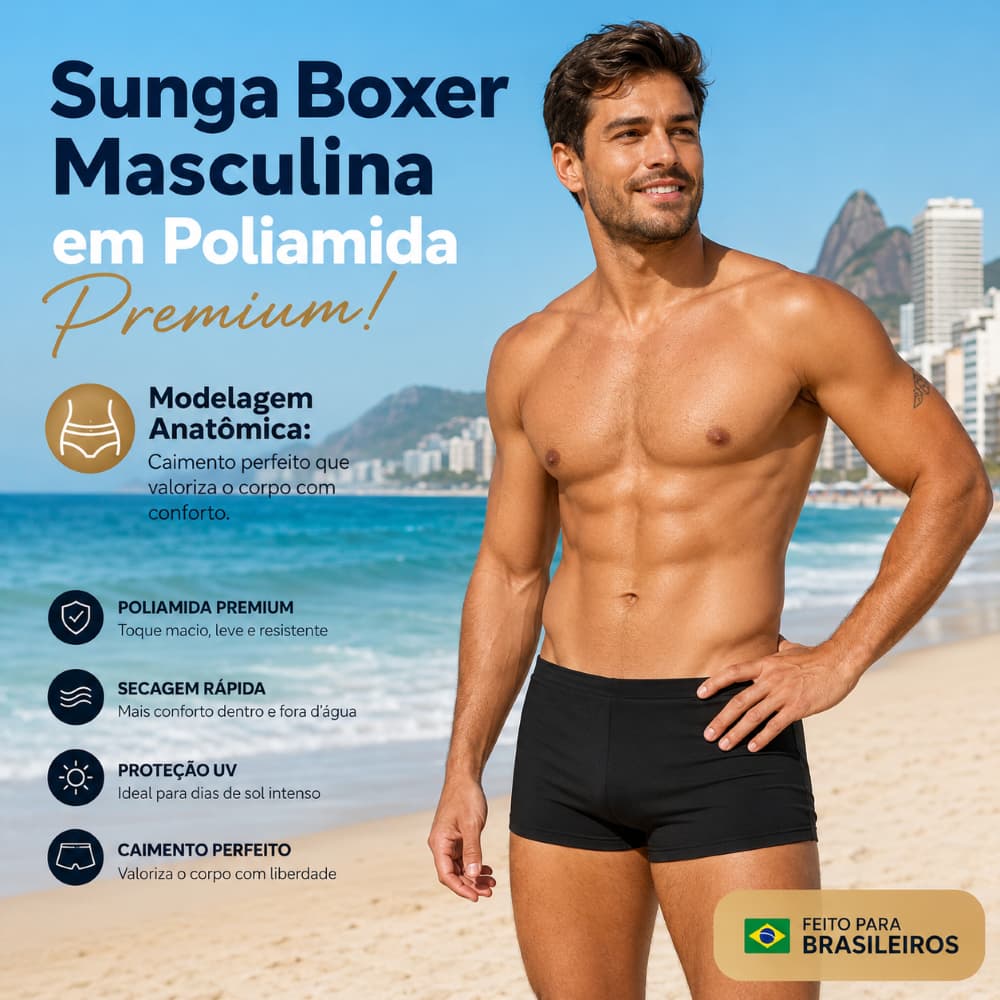 Sunga Boxer Masculina Lisa Preta em Poliamida, Secagem Rápida e Modelagem Confortável