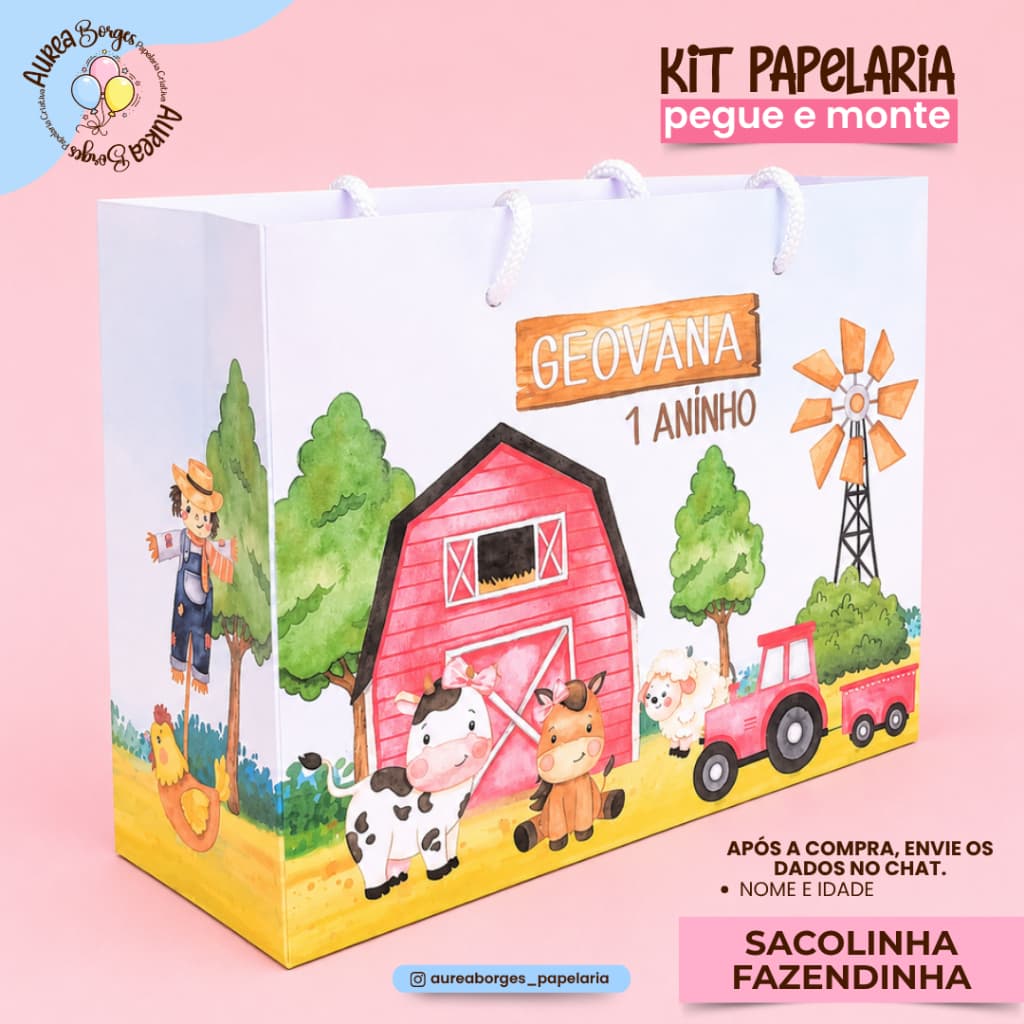 Sacolinha Personalizada Fazendinha Rosa Papel Offset 180g 15x19,5x7cm Festa Menina