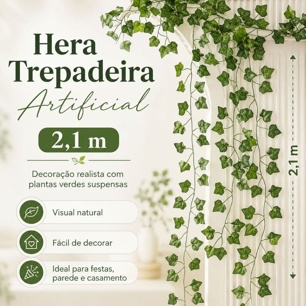 Plantas de hera trepadeira simuladas com 2,1 metros de altura criam uma decoração realista de plantas verdes suspensas.