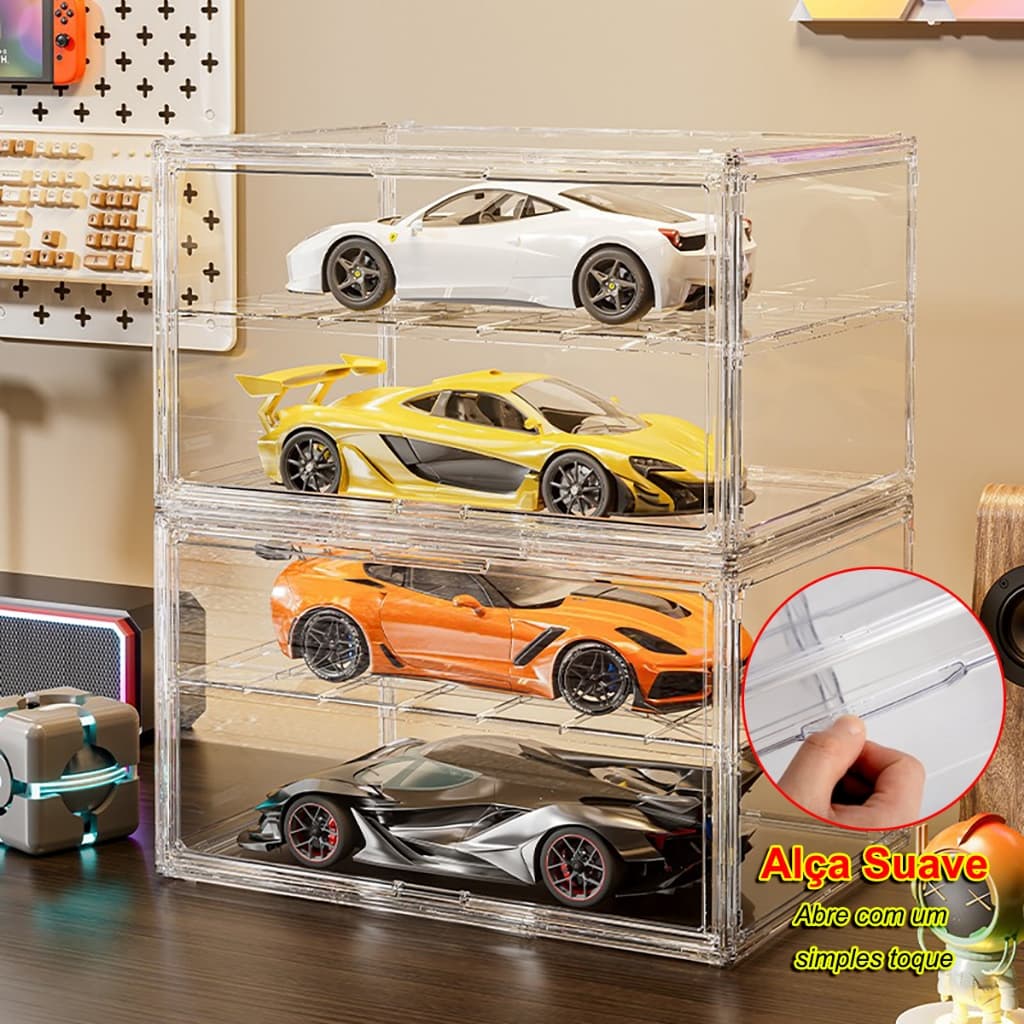 Caixa de exposição em acrílico com 1 divisória e porta com fecho magnético, ideal para modelos de carros