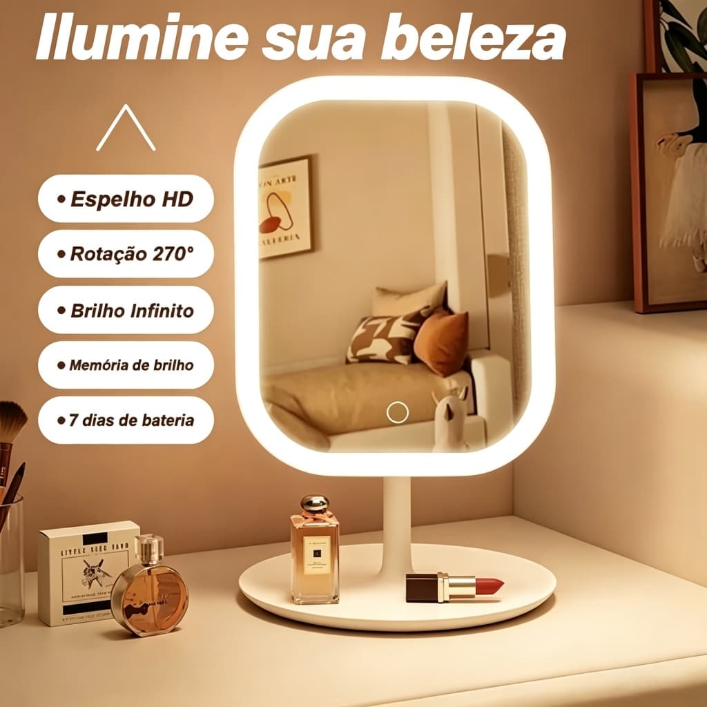Espelho De Maquiagem Inteligente Recarregável Com Luz LED USB Portátil E Dobrável Espelho Compacto Quadrado Branco