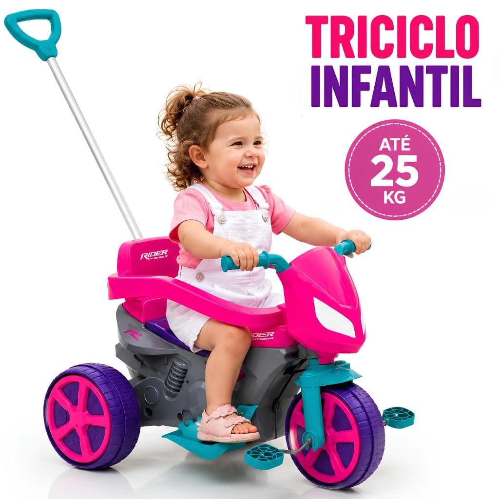 Triciclo Infantil Com Haste E Barra De Proteção Motoca com Pedal Apoio de Pé e Haste Empurrador Infantil Usual