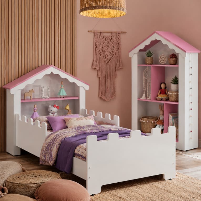 Cama Infantil com Estante Magia Casinha em MDF Branca e Rosa - Para Meninas