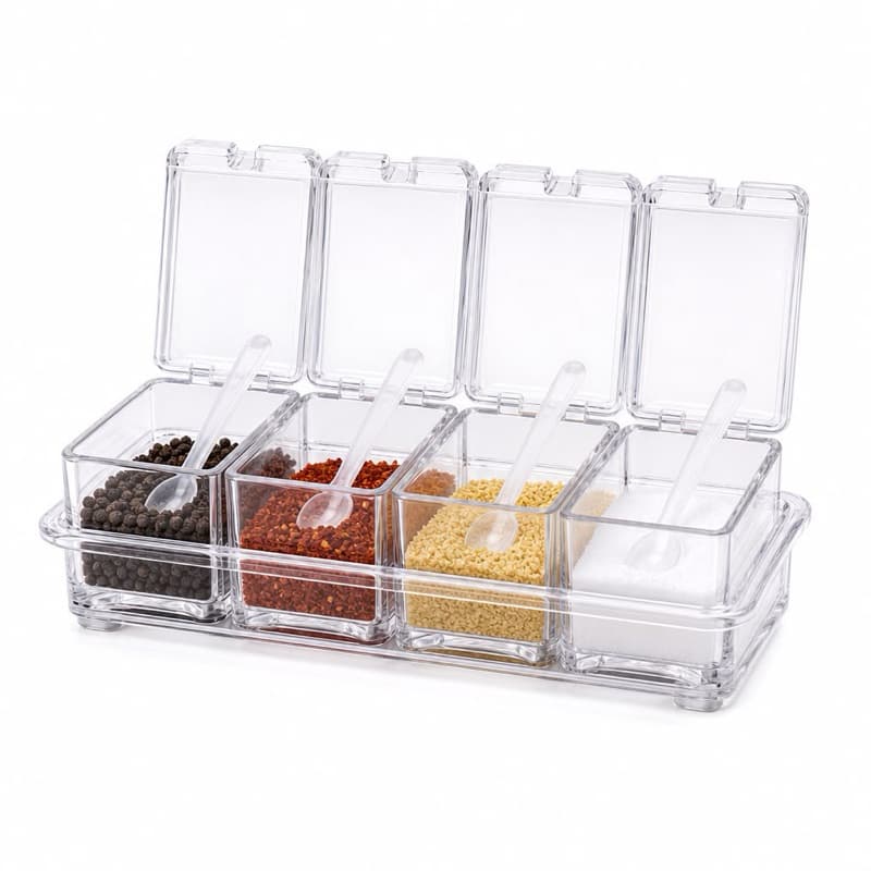 Organizador de Temperos Acrílico 4 Potes 160ml com Colheres e Base Porta Condimentos Transparente