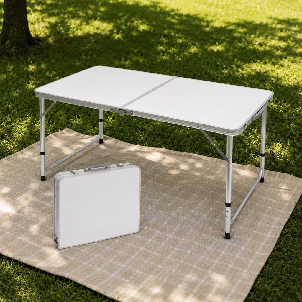 Mesa Dobrável de Alumínio 120x60cm com Tampo MDF Alça Maleta de Transporte para Piquenique Camping