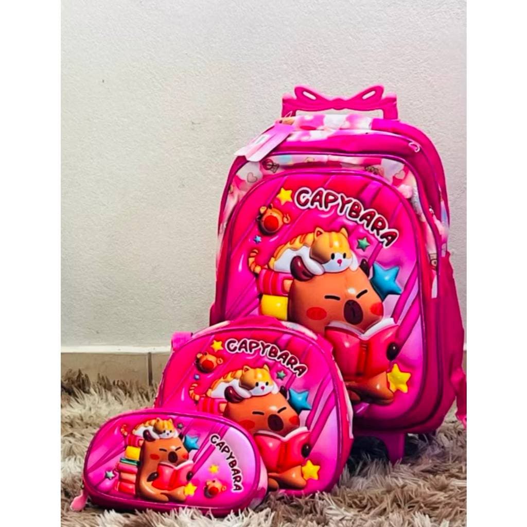 Mochila Escolar 3D com CARRINHO de Rodinhas, Estojo e Lancheira Térmica - Design 3D, Confortável e Prática