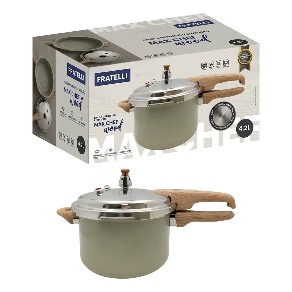 Panela De Pressão Indução Max Chef Wood 4,2L Antiaderente Cerâmica Cozinha 3x Mais Rápido Economizando o Gás