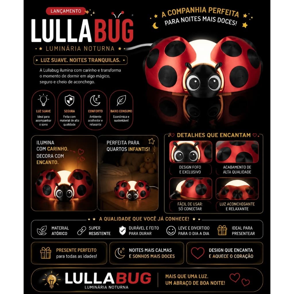 🌙 Lullabug – Luminária Noturna | Luz Suave para Quartos Infantis | Impressão 3D em PLA