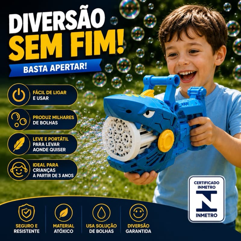 Pistola de Bolhas Automática Infantil |Lançador de Bolhas Elétrico Tubarão com Solução | Brinquedo para Crianças