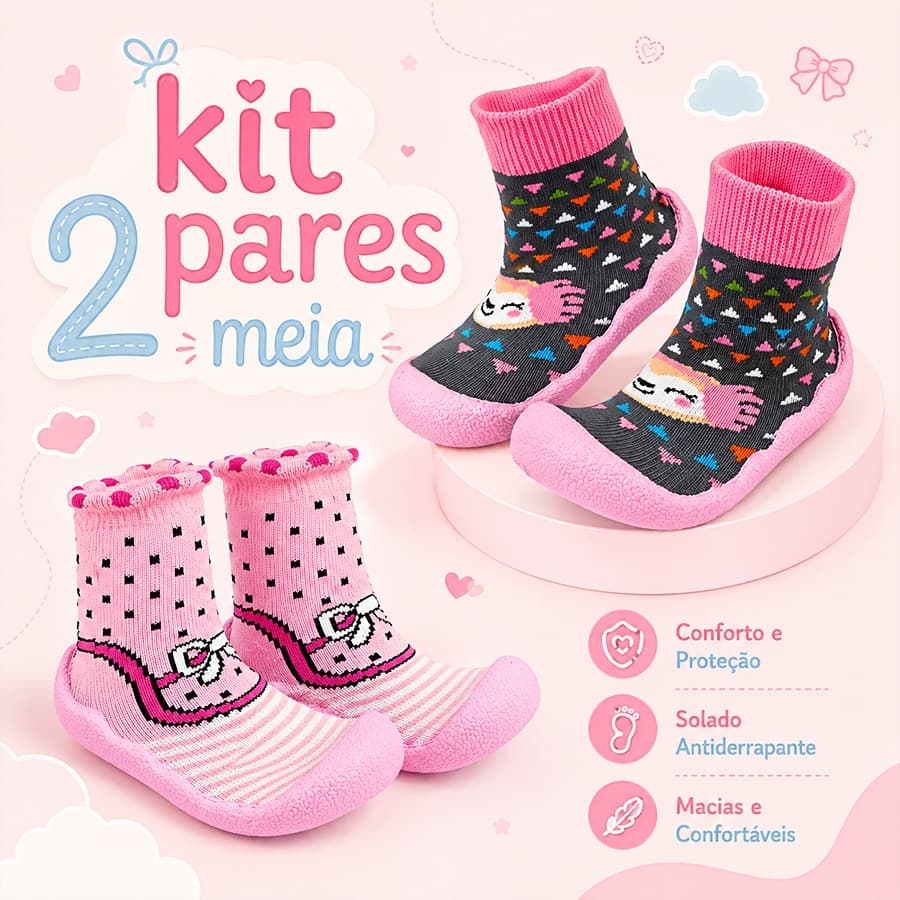 Kit 2 Pares Meia Sola Infantil Antiderrapante Menina Leve Macio Confortável Primeiros Passos
