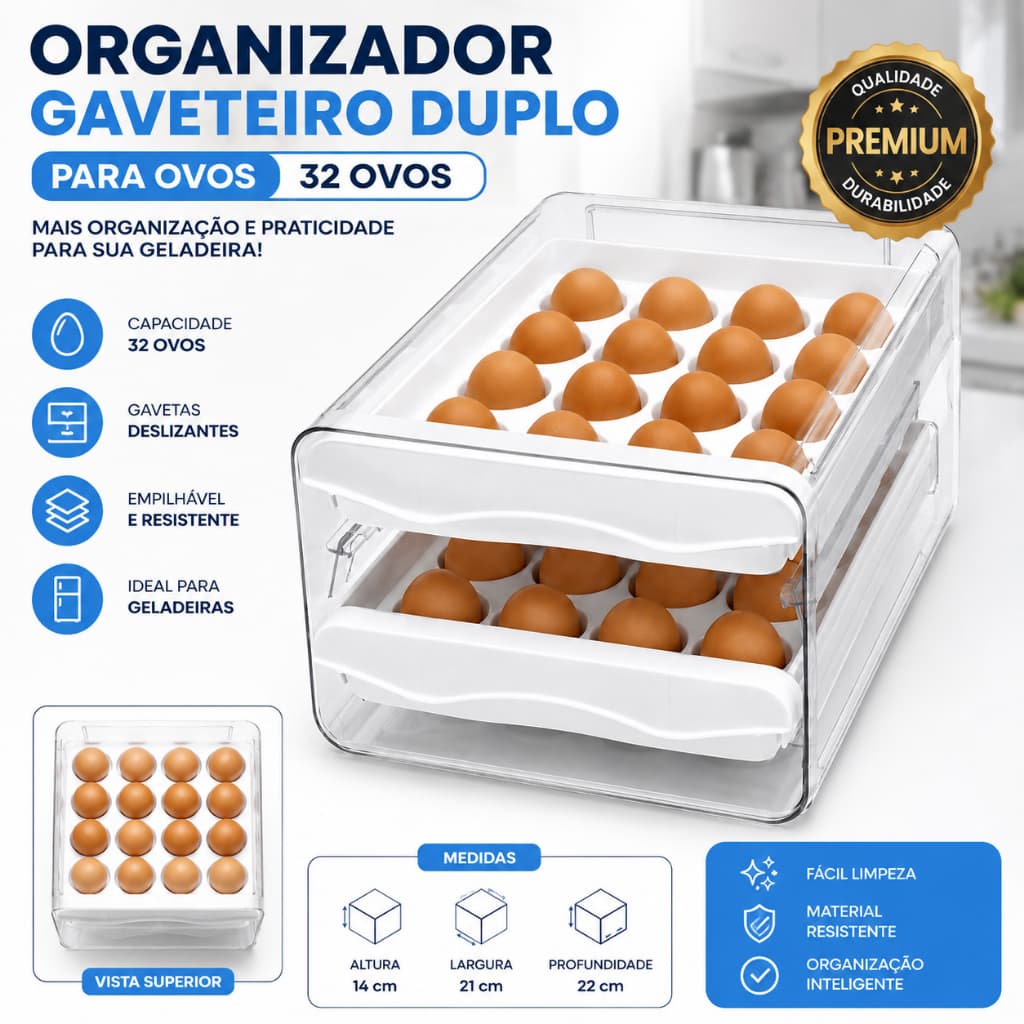 2 ANDAR  gaveteiro duplo em plástico tipo porta 32 ovos  para cozinha geladeira