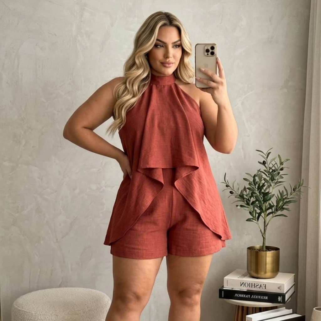 Macacão Vestido Plus Size Frente Única Babado Frontal Costas Nua