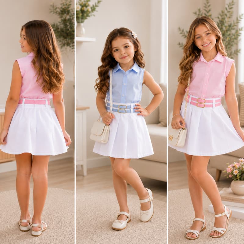 Conjunto 3 Peças Infantil Menina Crepinho Alfaiataria Blusa Short Saia Cinto Tamanho 2 ao 10