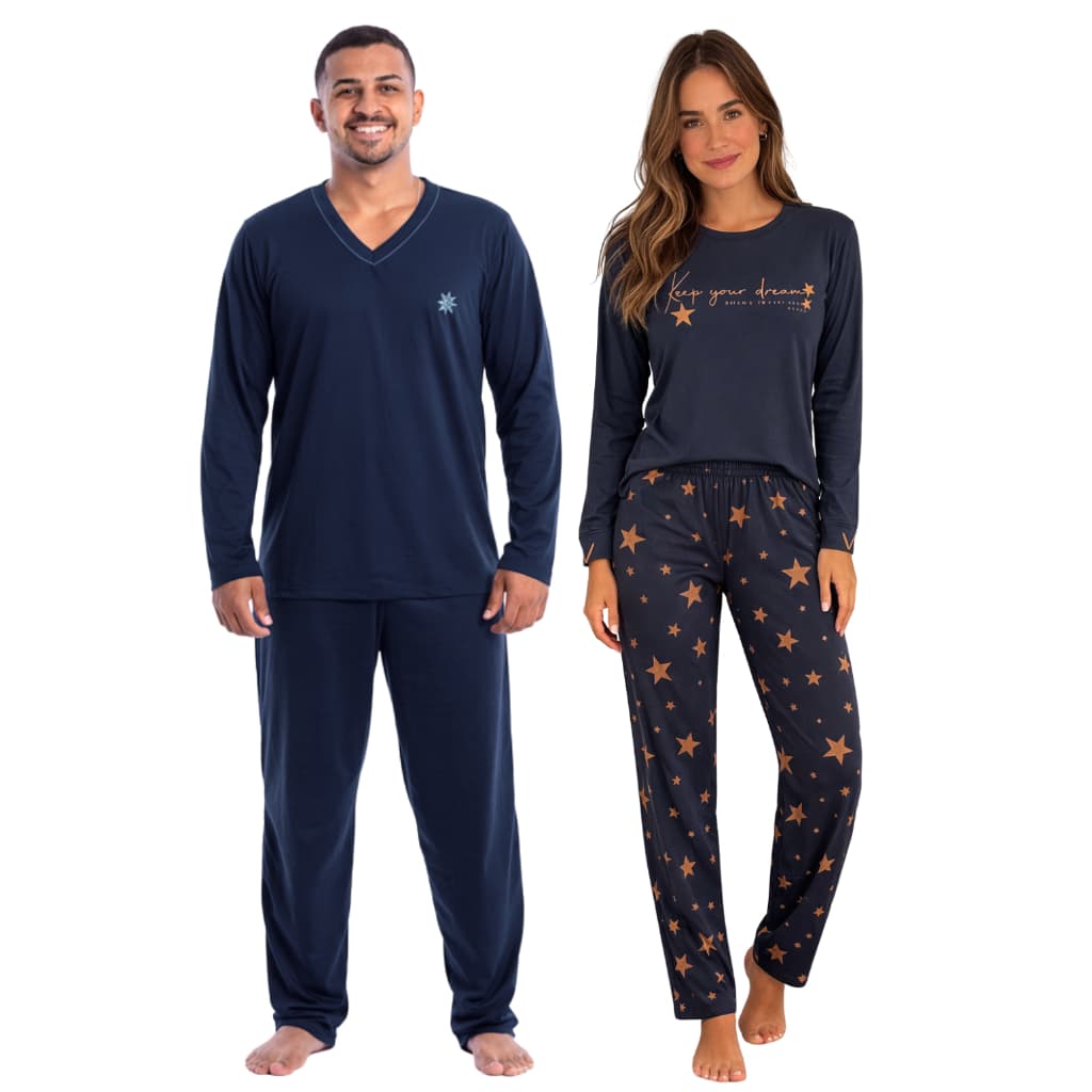Kit 2 Pijamas De Frio Adulto Casal Longo Feminino Masculino Estampas confortável Promoção