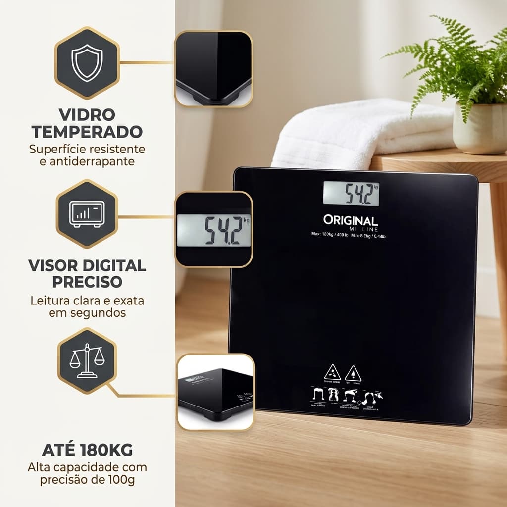 Balança Digital de Banheiro 180kg Vidro Temperado Visor Digital Precisão