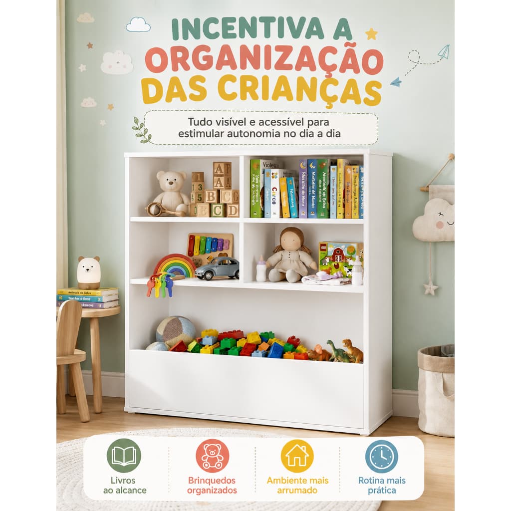 Estante Infantil em MDP com Nichos Organizador de Brinquedos e Livros Estante Organizadora Criança