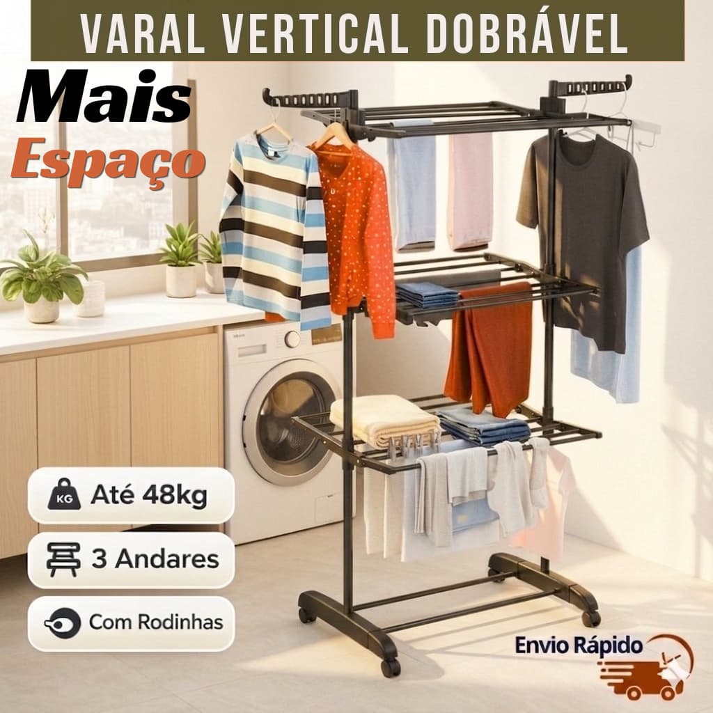 Varal Vertical de Chão Torre 3 Andares Inox Dobrável Rodinhas Cabideiro Resistente Apartamento