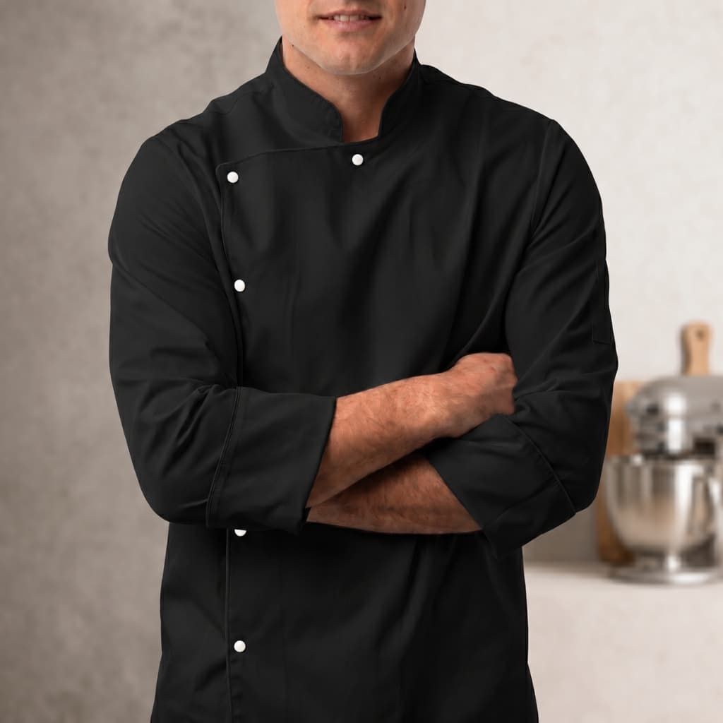Dolmã Chef Cozinha Oxford Vivo Preto Botão Branco Manga 3/8 Botão Pressão Nome Bordado Unissex Dolma Doma