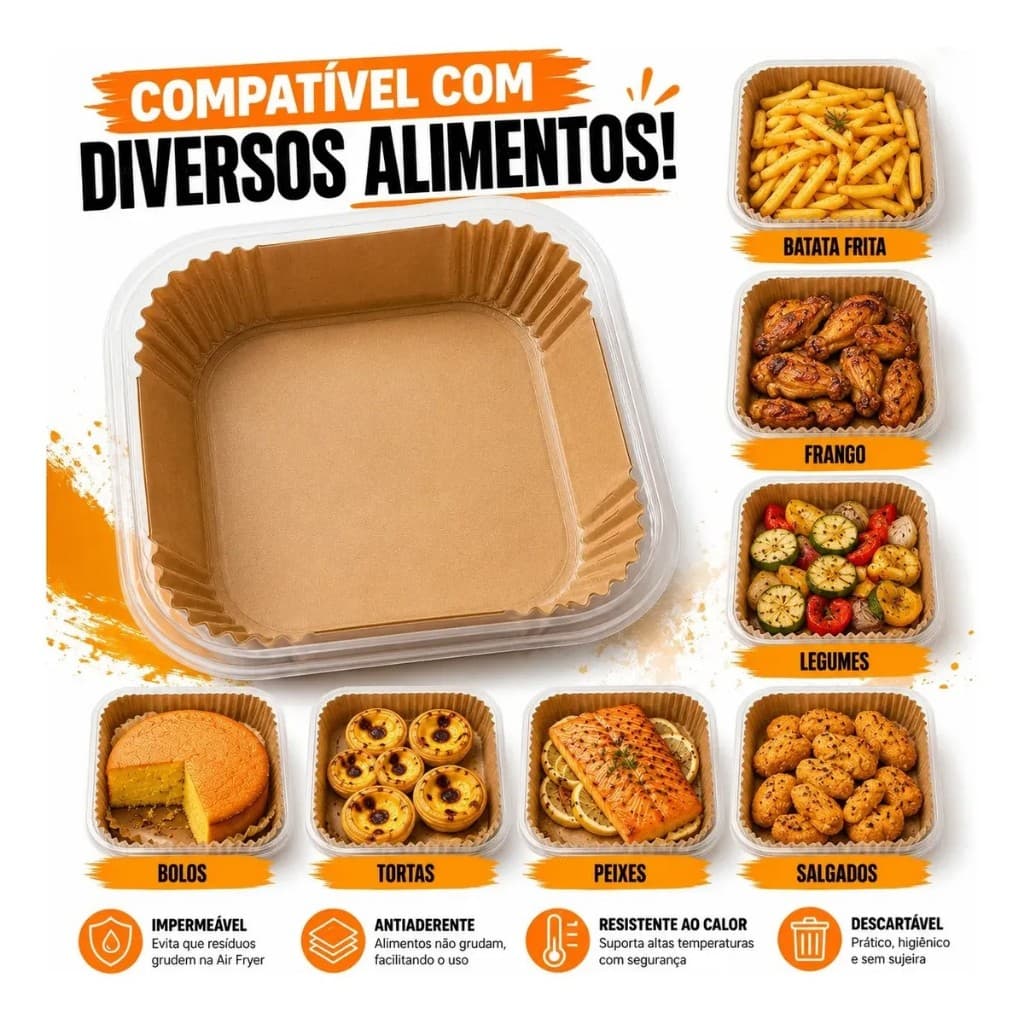 Kit 50 Formas de Papel para Air Fryer Redonda e Quadrada Descartável Antiaderente